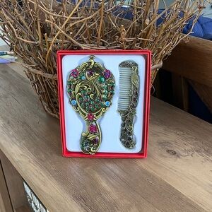 Vintage-Style Kids Mirror & Comb Set — Gold with Multicolor Gems NIB
